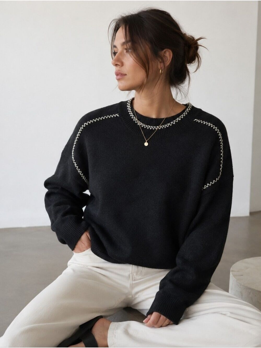 Philosophy Republic Crewneck Sweater - Contrast Whipstitch - Black & White - L